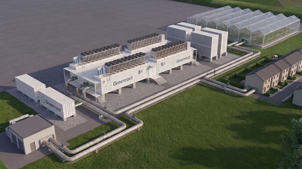 Site Greenroot de réutilisation de la chaleur avec serres et logements